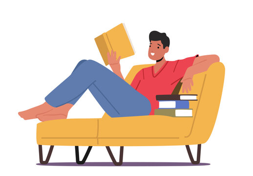 Young Man Student Character Reading Book Lying on Couch. Bookworm Male Character Enjoying Reading, Gaining Education