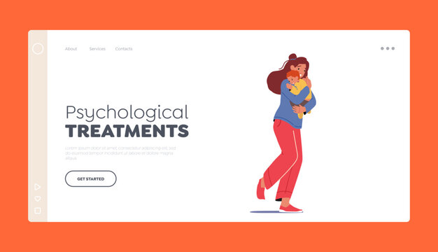 Psychological Treatments Landing Page Template. Frightened Woman with Bay on Hands Run . Mother with Child Refugees
