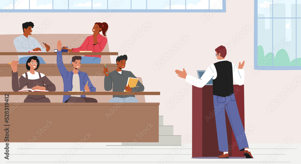 Poster education and studying concept. student characters in lecture hall. learning process in university, 