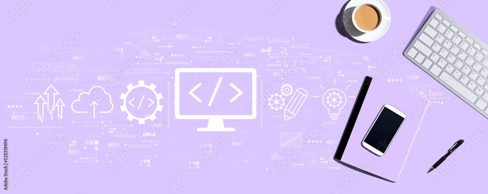 Poster web development concept with a computer keyboard and office items
