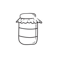 Glass jar with honey or jam sketch drawing isolated on white background. Hand drawn vector illustration in simple doodle line art. Tissue on the lid. Vintage engraving design of preservative food