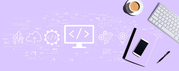 Web development concept with a computer keyboard and office items