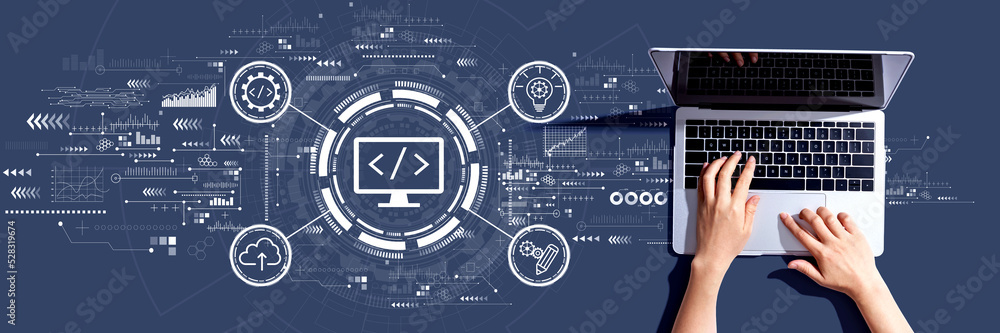 Poster web development concept with person using a laptop computer