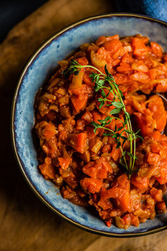 Overhead close-up of a bowl of traditional Hungarian letcho vegetable stew