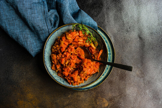 Overhead view of a bowl of traditional Hungarian letcho vegetable stew