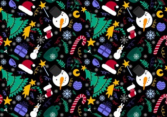 Cartoon doodle seamless Christmas tree and snowman and Santa hat and gifts pattern for wrapping new year and kids