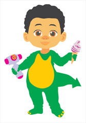 Vector image of a doll. 
A little boy with big brown eyes 
dressed as a green dragon with ice cream and a rattle in his hands.
