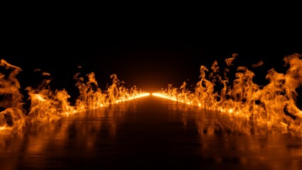 3d render, blazing flames and road on fire over black background © wacomka
