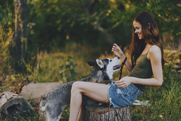 A woman laughs while playing with her husky dog ​​in a park among the trees in the forest and laughs happily. Lifestyle truthful friends people with animals