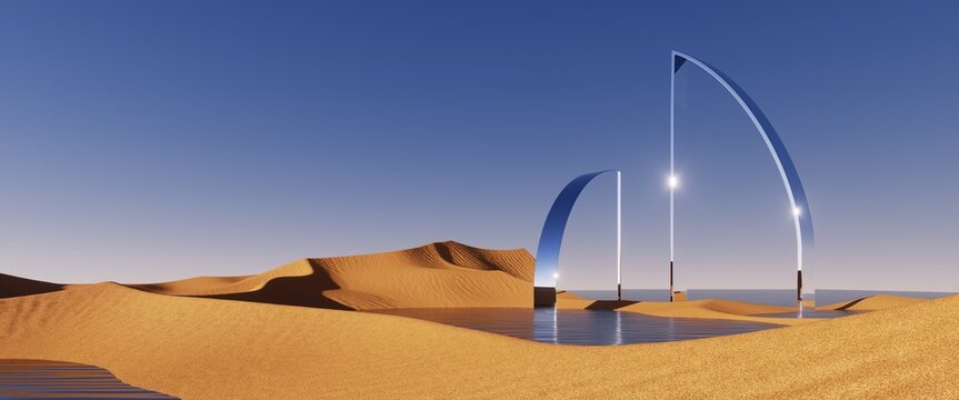 3d rendering, abstract futuristic panoramic background. Desert landscape with sand dunes, calm water and glass geometric shapes under the clear blue sky. Minimalist aesthetic wallpaper
