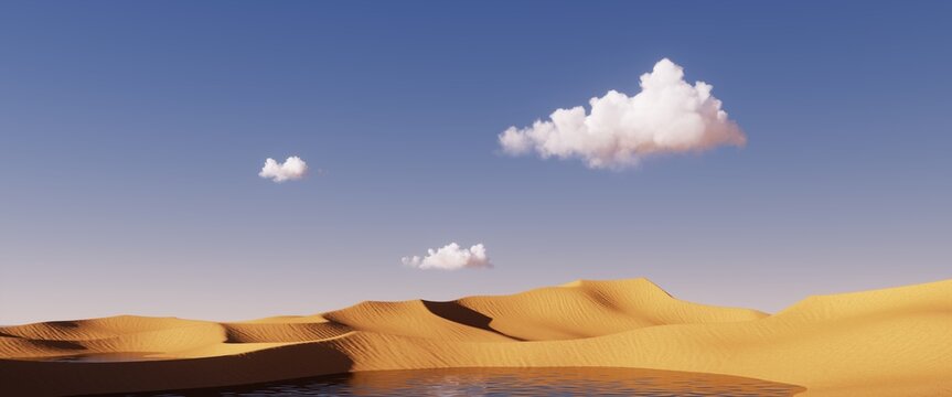 3d Render, Abstract Simple Panoramic Background. Desert Landscape With Sand Dunes Under The Blue Sky With White Clouds. Modern Minimal Aesthetic Wallpaper