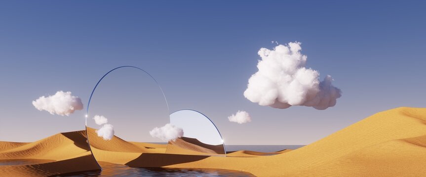 3d render, abstract simple panoramic background. Desert landscape with sand dunes under the blue sky with white clouds. Modern minimal aesthetic wallpaper