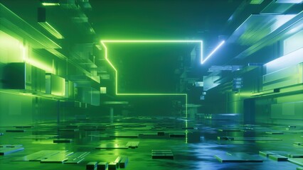 Fototapety  3d render, abstract concept of the urban street at night, green neon background with geometric shapes