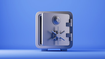 3d render, bank depositary safe box with opened door, isolated on blue background - obrazy, fototapety, plakaty