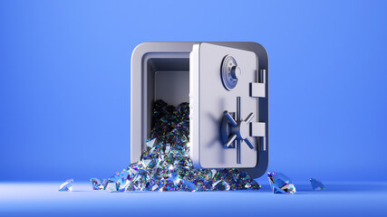 3d render, diamond brilliant gems falling out the open safe box, isolated on blue background. Savings protection concept. Banking storage