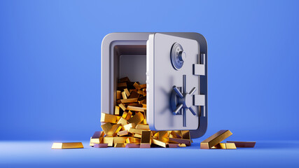 3d render, golden bullion ingot falling out the open safe box, isolated on blue background. Savings protection concept. Banking storage