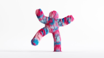 3d rendering, colorful furry beast cartoon character isolated on white background, happy active pose with hands up. Colorful pink blue hairy monster dancing. Person wears mascot costume - obrazy, fototapety, plakaty