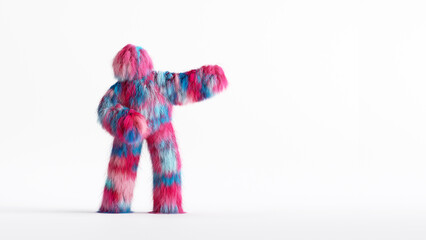 3d rendering, pink blue Yeti cartoon character, hairy halloween monster, furry beast. Unknown funny toy isolated on white background - obrazy, fototapety, plakaty