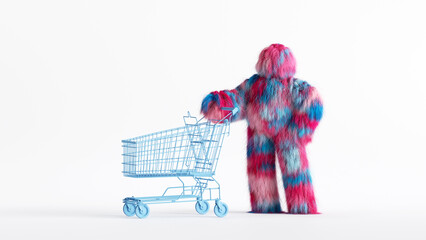 3d render, colorful hairy Yeti cartoon character stands near empty shopping cart. Funny furry bigfoot toy. Clip art isolated on white background - obrazy, fototapety, plakaty