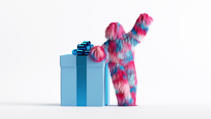 3d render, colorful hairy yeti stands near the big blue gift box, bigfoot cartoon character celebrating birthday. Festive party clip art isolated on white background - obrazy, fototapety, plakaty