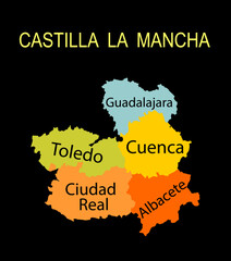 Autonomous community Castile and Leon map vector silhouette illustration isolated on black. Spain territory provinces Leon, Zamora, Palencia, Burgos, Soria, Segovia, Valladolid, Salamanca, Avila.