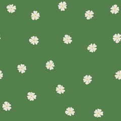 Seamless floral pattern. A shallow background of small white flowers and dots. Small flowers scattered on a mustard background. Stock vector for printing on surfaces and web design.