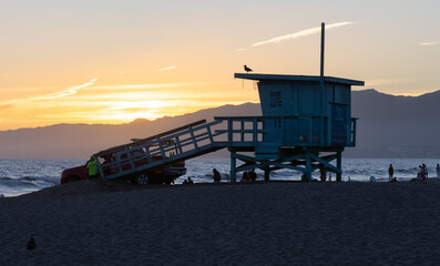 Life guard tower in Santa Monica at sunset  