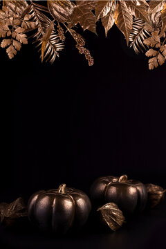 Gold and black luxury pumpkin. Minimalist banner good for thanksgiving and Halloween.