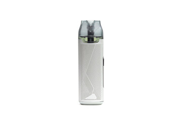 Electronic cigarette of silver color on a white background, the harm of smoking