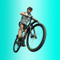 Obraz premium Professional road cyclist in action on gradient multicolored neon background.