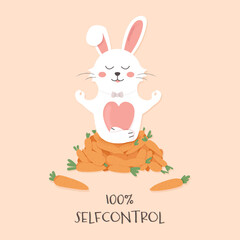 Cute rabbit is meditating with orange carrots. Selfcontrol.
