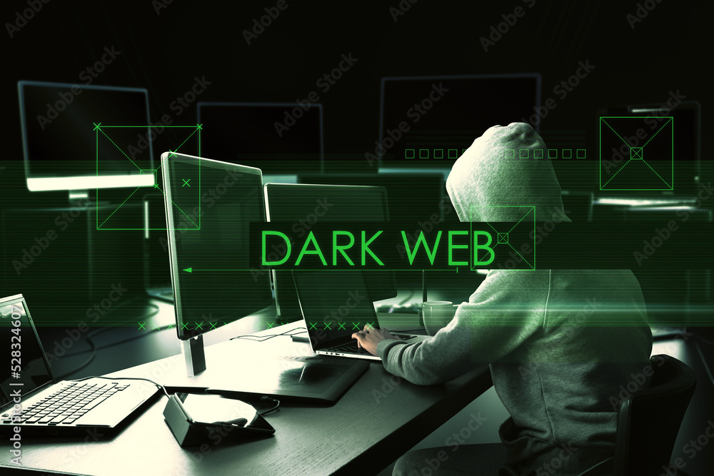 Poster Abstract dark web text over side view of hacker at desktop using computers on blurry background. Hacking, malware and attack concept. Double exposure.