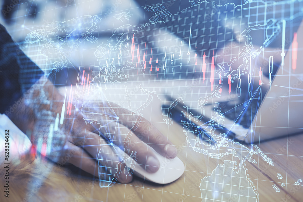 Poster close up of male hands using laptop keyboard with creative forex grid map on blurry background. trad