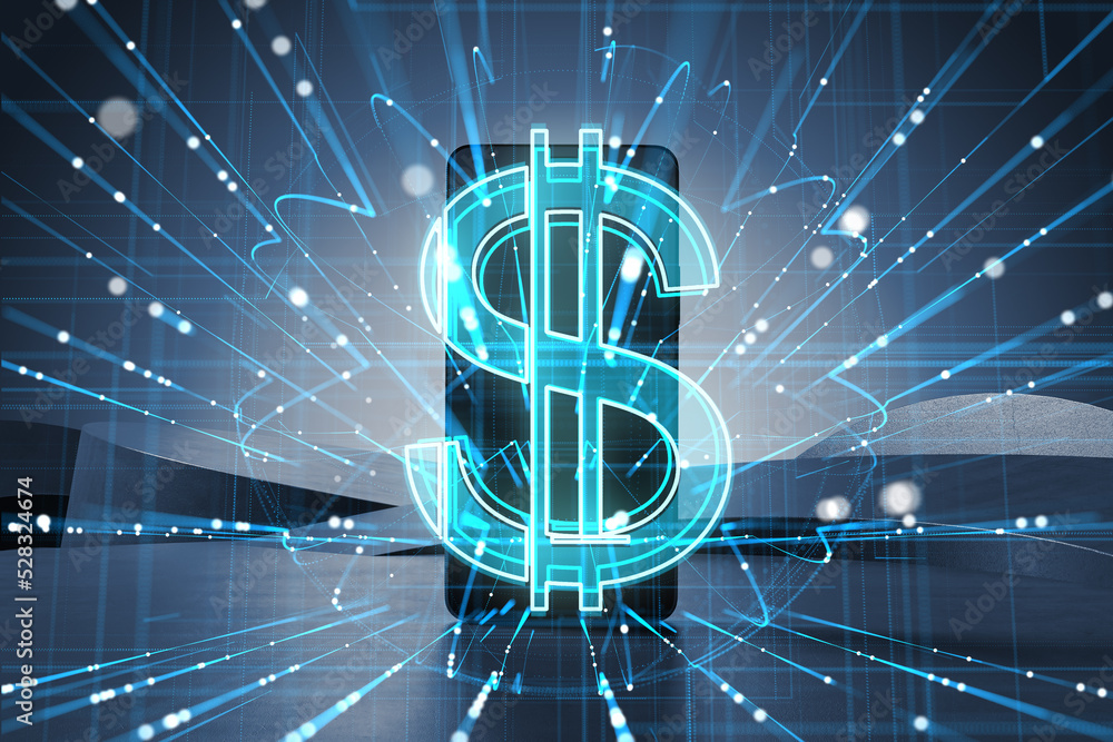 Poster close up of smartphone with creative glowing dollar hologram with metaverse lines on dark background