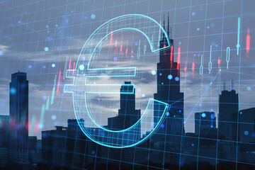Creative glowing euro hologram and forex chart on blurry city background with grid. Money, trade, market, online banking app, currency and finance concept. Double exposure.