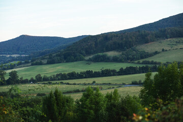 Fototapeta na wymiar Landscape with meadows and forests during evening sun.Summer season.
