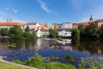Naklejka na ściany i meble Sunny royal medieval Town Pisek above the River Otava, Czech Republic 