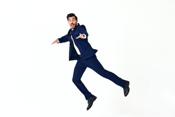 Man business smile with teeth in costume running and jumping flying up open mouth happiness and surprise full-length on white isolated background copy space 