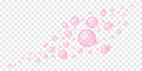 Flying or foating pink bubbles on transparent background. Soap foam, bath suds, cleanser texture. Fizzy cherry or strawberry drink, champagne, sparkling wine. Vector realistic illustration