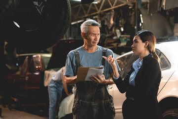 customer making inspection check to a car engine repair occupation job at garage service, mechanic technician person workshop to vehicle auto maintenance transportation, term of automobile industry