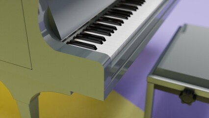 Gray-gold Grand Piano under soft purple-yellow suface background. 3D illustration. 3D CG. 3D high quality rendering.  