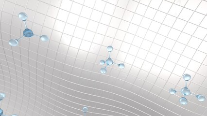 Molecular structure of clear blue atom with clear white mathematical geometric wavy surface under white lighting background. Concept 3D CG of vaccine development, regenerative and advanced medicine.