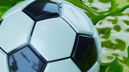 Naklejka premium Blacj-white soccer ball with spiral green liquid splash. 3D illustration. 3D high quality rendering.