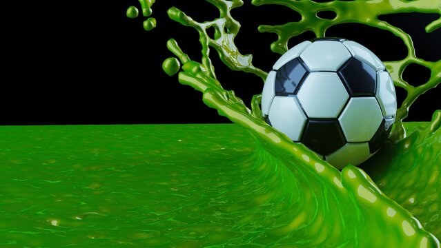 Blacj-white soccer ball with spiral green liquid splash. 3D illustration. 3D high quality rendering.