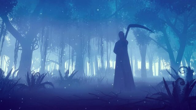 Grim Reaper silhouette and magic lights in scary night forest
