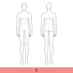 Fototapeta na wymiar S size Men Fashion template 9 nine head small size Croquis with main lines Gentlemen model skinny body figure front, back view. Vector outline boy for Fashion Design, Illustration, technical drawing