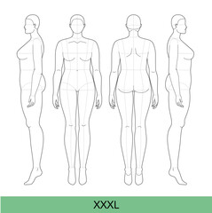 Set of XXXL Women Fashion template 9 nine head size Croquis over size Lady model Curvy body figure front, side, back view. Vector outline girl for Fashion Design, Illustration, technical drawing