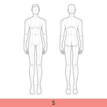 S size Men Fashion template 9 nine head small size Croquis with main lines Gentlemen model skinny body figure front, back view. Vector outline boy for Fashion Design, Illustration, technical drawing