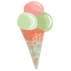 Three scoops of ice cream in waffle cone. Love core design element in rose and pistachio colouring. Refreshing gelato, dessert.