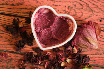 hibiscus-based face mask, do-it-yourself natural cosmetics concept, face mask from hibiscus